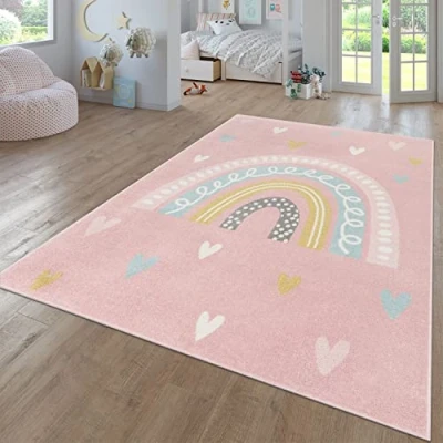 Afbeelding van Tapijt Voor Kinderen Vloerkleed Kinderkamer Modern Regenboog Wolken Dierlijk motief Veelkleurig, Kleur:Pink 2, Maat:133x190 cm