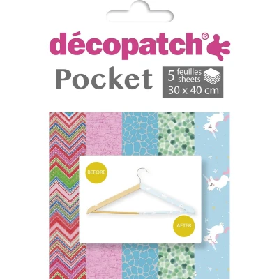 Afbeelding van Decopatch pocket No30 met 5 vellen bedrukt papier 30x40 cm, diverse patronen (ref.603, 299, 537, 830 en 727)