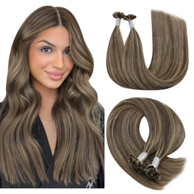Afbeelding van YoungSee Bonding haarextensies, van echt haar, bruin, 55 cm, donkerbruin, highlights, blond, keratine, U tip, hot fusion, 50 g/s, #P4/27