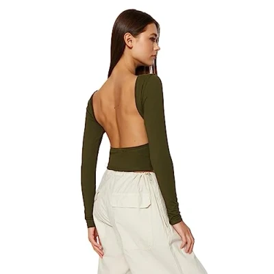 Afbeelding van Trendyol Damesblouse met rechte lange mouwen, slank, Kaki, XS
