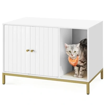 Afbeelding van Feandrea PCL007W01 Kattenbakkast, kattenhuis, kattentoilet, met krabmat, hoge poten, voor katten, bijzettafel, 80 x 50 55 cm, wit goudkleurig