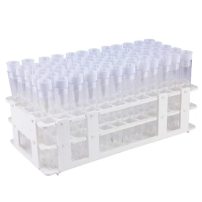 Afbeelding van stonylab Set van 16 mm plastic reageerbuisjes, 100 stuks met standaard, x mm, 10 ml, reageerbuisjes witte doppen, ideaal voor wetenschappelijke leerexperimenten