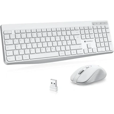 Afbeelding van KOORUI toetsenbord en muis, draadloos, stille set, Duitse QWERTZ lay out met 12 functietoetsen, 2,4 GHz toetsenbord, muisset voor Windows, MacOS, Linux wit (batterij niet inbegrepen)