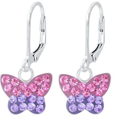 Afbeelding van JoyS Zilveren vlinder oorbellen paars roze kristal leverback sluiting