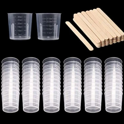Afbeelding van 60 pack 30 ml plastic mengbeker, maatbekers, maatbekers met 50 houten roerstaafjes, mengset voor het mengen van hars, verf, epoxy