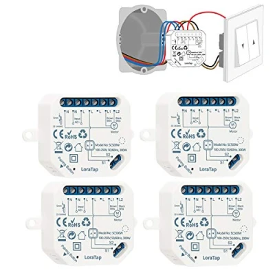 Afbeelding van LoraTap Wifi rolluikschakelaar, 4 stuks, besturingsmodule voor elektrische rolluiken, spraakbesturing met Alexa en Google Home, Smart Life app bediening, timerschakelaar jaloezieën gordijnen,