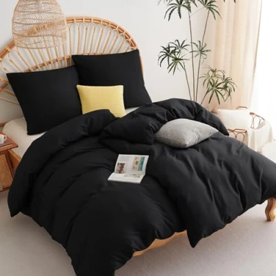 Afbeelding van WAVVE 2 dekbedovertrekken 135 x 200 cm met kussenslopen 80 cm, beddengoedset voor tweepersoonsbed ritssluiting, dekbedovertrekset van geborstelde microvezel, zwart