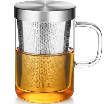 Afbeelding van ecooe 500 ml (volledige capaciteit) glazen mok met zilveren roestvrijstalen zeef en deksel, theeglas theebeker van borosilicaattheemok