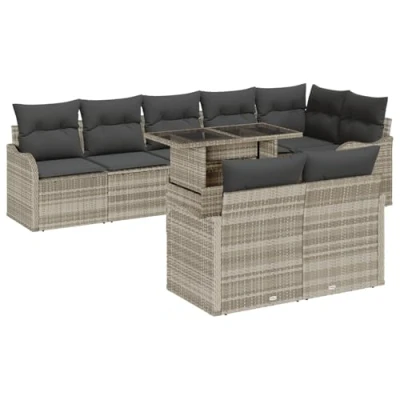 Afbeelding van vidaXL 9 delige Tuin Sofa Set met Kussens Licht Grijs Poly Riet, 2 zitter Opslag &amp; Riet