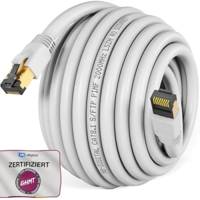 Afbeelding van HB DIGITAL 25m CAT 8.1 netwerkkabel S/FTP LSZH wit 40 Gbits LAN patchkabel Gigabit RJ45 stekker Ethernet Data Cable 40000 Mbits overdrachtssnelheid PIMF 2000 MHz Cat.6 Cat.7 Cat.8