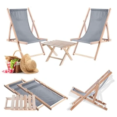 Afbeelding van KADAX Klaptafel met 2 ligstoelen, kleine tuintafel van hout, bijzettafel voor balkon en tuin, koffietafel, klein, balkontafel, inklapbaar (grijs)