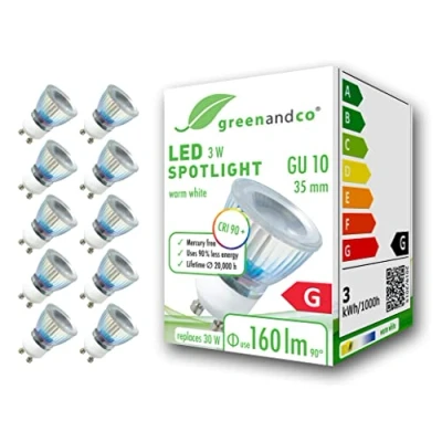 Afbeelding van 10x greenandco® CRI 90+ LED spot vervangt 30W GU10 35mm spot, 3W 160lm 3000K warm wit 50 230V flikkervrij, niet dimbaar