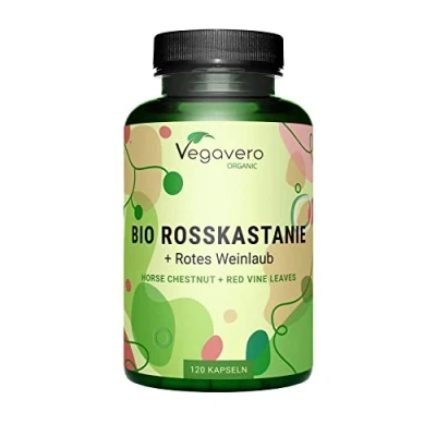 Afbeelding van Vegavero BIOLOGISCH PAARDENKASTANJE extract capsules 800 mg met druivenbladeren &amp; acerola vitamine C Prijs prestatiewinnaar 2024* Vegan geen toevoegingen