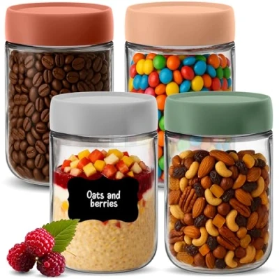Afbeelding van HEFTMAN Overnight Oats Potten met Deksels 4 Pack 600ml Jar Luchtdichte, Kleurrijke Schroefdeksels, Voedselveilige Glazen Ontbijtpotten voor Yoghurt, Chia Pudding 21