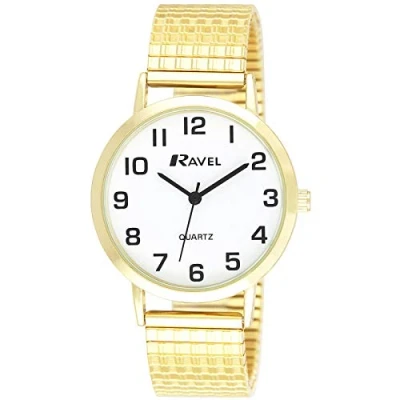 Afbeelding van Ravel Traditioneel uniseks horloge met duidelijke, numerieke wijzerplaat op een elastisch bandje Analoge Kwarts R0201.02.1S Goudkleurig