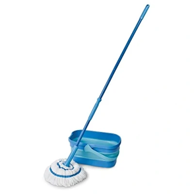 Afbeelding van Spontex Ultra Compacte Twist Mop &amp; Emmer Set, Microvezel met Ingebouwd Zelf Wringend Systeem, 10L Opvouwbare Emmer, Reinigt Laminaat, Hout Tegel Vloeren, Wasbare Hoofd