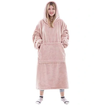 Afbeelding van Waitu Draagbare deken sweatshirt voor dames en heren, super warme gezellige grote hoodie, dikke flanellen met mouwen gigantische zak roze