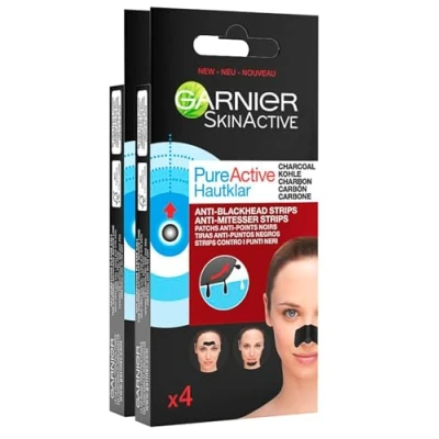 Afbeelding van Garnier SkinActive Pure Active Strip Zone T Huidlkar Anti mee eters houtskool voor neus, voorhoofd en kin, reiniging met salicylzuur, 2 verpakkingen 4 pleisters
