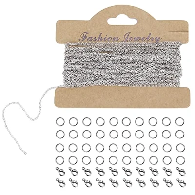 Afbeelding van LUOGE 33 feet verzilverde kabel ketting halsketting met 20 karabijnsluitingen en 40 springringen, roestvrij stalen kettingen voor sieraden, accessoires, knutselen, vervaardiging, zilver (1,5 mm)