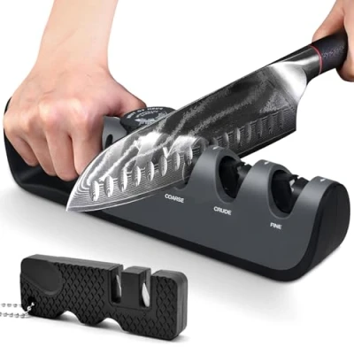 Afbeelding van BOCHION Professionele messenslijper, 4 in 1 messenslijper met schaar, 6 instelbare niveaus, hoekknop, multifunctioneel, handmessenslijper, zakmessenslijper, grijs