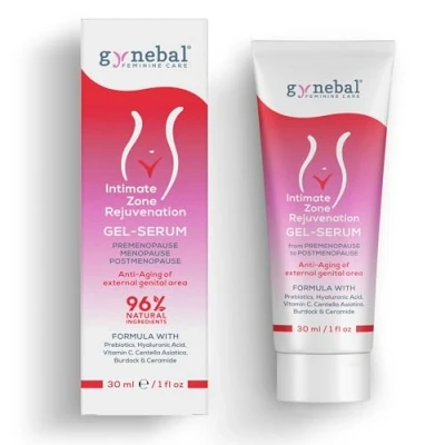 Afbeelding van 30 ml GYNEBAL ANTI AGING intieme serum verzorging voor dames uitwendig gebruik verjonging van het uitwendige vulvo vaginale gebied met vitamine C + hyaluronzuur ceramide
