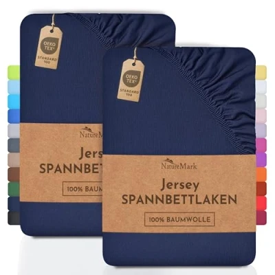 Afbeelding van NatureMark 2 pack jersey hoeslaken. hoeslaken 100% katoen in vele maten en kleuren BRANDKWALITEIT ÖKOTEX Standaard 100. 120 x 200 cm. Marineblauw