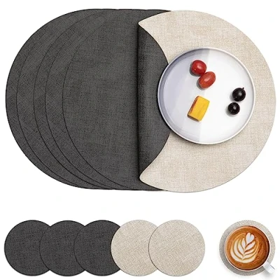 Afbeelding van Myir JUN Lederen Placemat Rond en Onderzetters, Tafelmatten Waterdichte Afveegbare Dubbelzijdige Plaats Matten Koffiematten Antislip Wasbare Placemats Coaster (Grijs Wit, Sets 6)