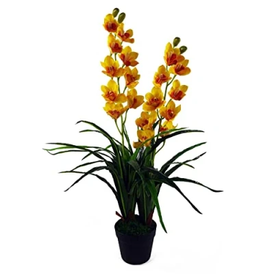 Afbeelding van Leaf 90cm Kunstmatige Cymbidium Orchidee Plant Extra Grote Zwarte Plastic Pot, Geel