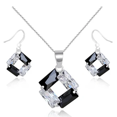 Afbeelding van Crystalline Azuria Zwarte en Witte Zirkonia Kristallen Ruit Set Hanger Ketting 45 cm Bengelen Oorbellen 18 kt Witgoud Verguld