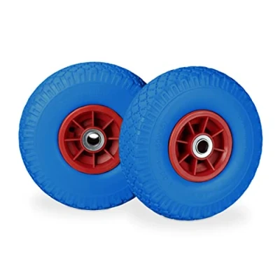 Afbeelding van Relaxdays steekwagenwiel 2 stuks 3.00 4 rubberband kogellager 80 kg 20 mm as Blauw rood