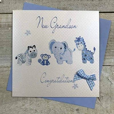 Afbeelding van witte katoenen kaarten Grandson Gefeliciteerd, Handgemaakte Nieuwe Baby Card (Blauw Speelgoed, Code WS22A)