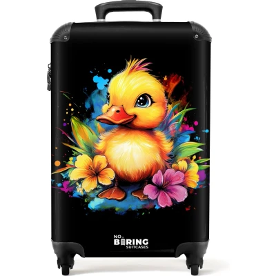Afbeelding van NoBoringSuitcases.com® Kinderkoffer meisje Eend met tropische bloemen Kindertrolley meisjes Handbagage koffer lichtgewicht Reiskoffer trolley kinderen Rolkoffer wieltjes Past binnen 55x40x20 en 55x35x25