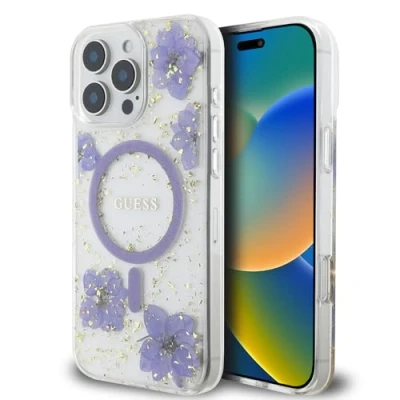 Afbeelding van CG Mobile Guess MagSafe harde hoes met hars bloemen ontwerp voor iPhone 16 Pro, valbescherming, comfortabele grip paars