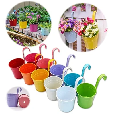 Afbeelding van GIOVARA Metalen bloempot met ophanghaak, emmervormige om op te hangen, afvoergat, voor tuin/balkon/woondecoratie, 10 stuks in verschillende kleuren