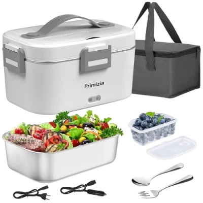 Afbeelding van Primizia elektrische lunchbox, voedselwarmer (75 W/12 V/24 V/220 V), 1,8 l, draagbare broodtrommel voor huishouden en auto, container van roestvrij staal 304, wit