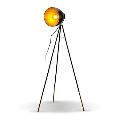 Afbeelding van B.K.Licht Zwart Gouden Vloerlamp voor woonkamer industriële staande lamp binnen driepoot staanlamp leeslamp h: 136cm met 1 lichtpunt E27 fitting excl. lichtrbon