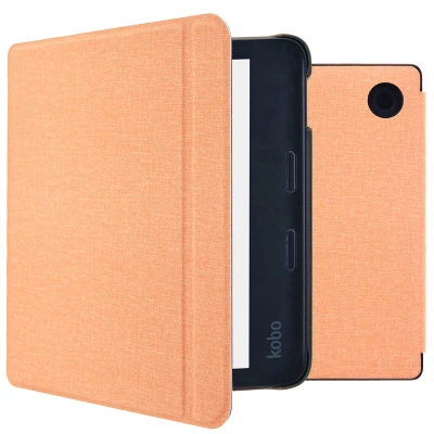 Afbeelding van Kobo Libra 2 Hoes: iMoshion Canvas Sleepcover Bookcase met stand Peach Kunstleder E Reader Hoezen