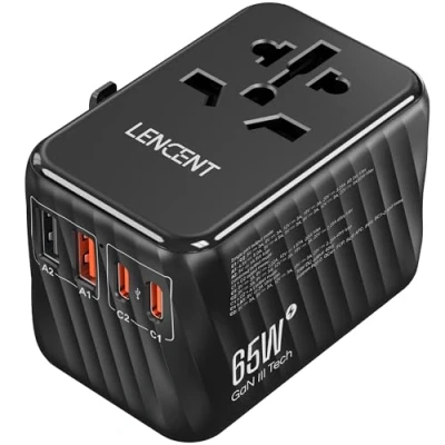 Afbeelding van LENCENT 65W Reisadapter Wereldwijd, GaN3 Snellader Universele Reisstekker met 2 PD3.0 USB C+2 QC USB, Alles in één Internationale Stekker voor Telefoon Laptop 200+ Landen EU UK DE VS Type A/C/G/I