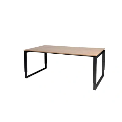 Afbeelding van Domino Plus vergadertafel, hoogte instelbaar (62 85cm) met 180x100cm &#039;zwevend&#039; havana/ kersen licht 25mm blad en zwart (RAL9011) O poot frame