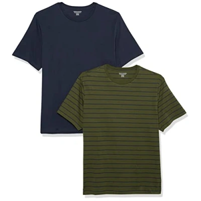 Afbeelding van Amazon Essentials Heren Slim Fit T shirt met korte mouwen en ronde hals, verpakking van 2 stuks, marineblauw/olijf gestreept, XX Large