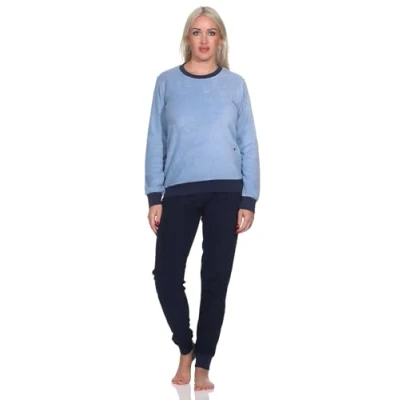 Afbeelding van Normann Damespyjama van badstof met lange mouwen, manchetten, ook in grote maten, blauw, 52/54