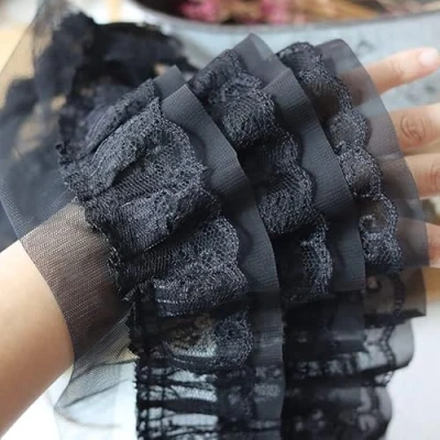Afbeelding van Yulakes 1 Meter Wit Zwart Drie Lagen 3D Geplooide Mesh Chiffon Stof Organza Kant Lint Geborduurde Ruche Trim DIY Jurk Kleding Kraag Naaien Decor 12CM Breed (Zwart)