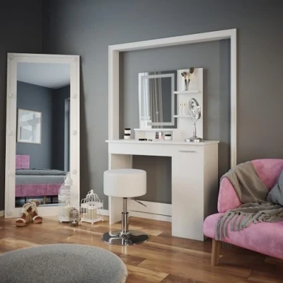 Afbeelding van Vicco Make uptafel set met kruk &quot;Julia&quot;, Wit, 90 cm LED spiegel en krukje