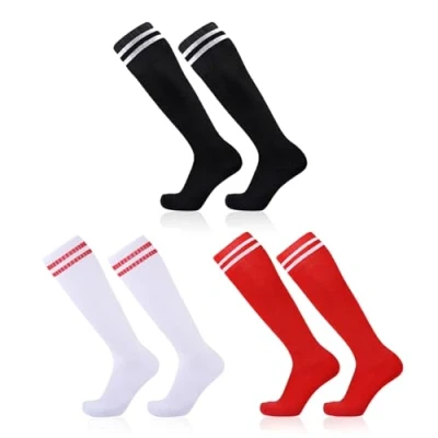 Afbeelding van SKHAOVS 3 paar voetbalsokken voor kinderen, meisjes, jongens, basketbalsokken, rugbytennis, kniehoge sportsokken 5 12 jaar, wit, zwart, rood, One size