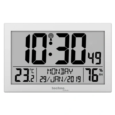 Afbeelding van digitale, slanke en moderne wandklok of tafelklok, radioklok, duidelijk LCD display, zilver