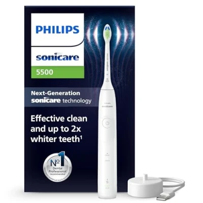 Afbeelding van Philips Sonicare 5500 elektrische tandenborstel, sonische tandenborstel met 1 intensiteitsniveau, drukwaarschuwing, EasyStart, SmartTimer en BrushPacer, wit, model HX7110/01