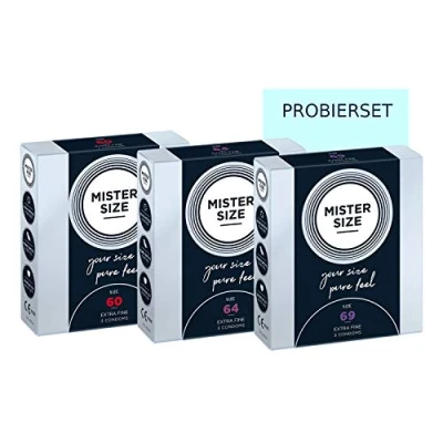 Afbeelding van MISTER SIZE Pure Feel: Feelgood Condooms Gevoelsechte Anticonceptie 100% Natuurlijk Rubberlatex in set voor proberen, 60 64 69 mm jeweil een Verpakking van 3 Stuks (3x3)