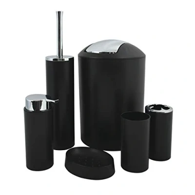 Afbeelding van MSV Badkamerset, 6 delige badkameraccessoires, zeepdispenser, wc borstel, zeepbakje, cosmetica emmer en tandenborstelbeker, mat zwart
