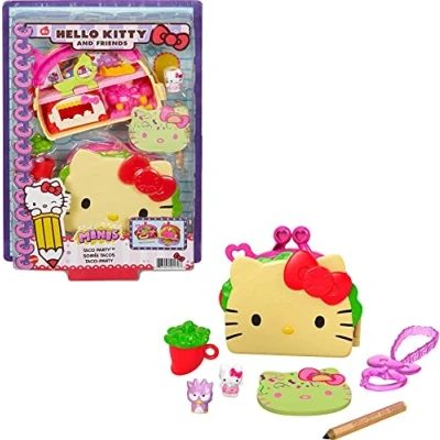 Afbeelding van Hello Kitty Tacofeest Compacte Speelset (12,5 cm) met 2 Sanrio Minifiguren, Schrijfblok en Accessoires, mooi cadeau voor kinderen vanaf 4 jaar