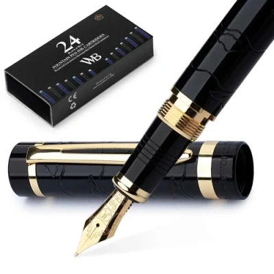 Afbeelding van Wordsworth &amp; Black Primori vulpen set, Medium Penpunt; inclusief 6 inktcartridges, inkt navulling converter, Cadeaudoosje, Kalligrafie, soepel schrijven [Zwart Goud], Perfect voor mannen en vrouwen